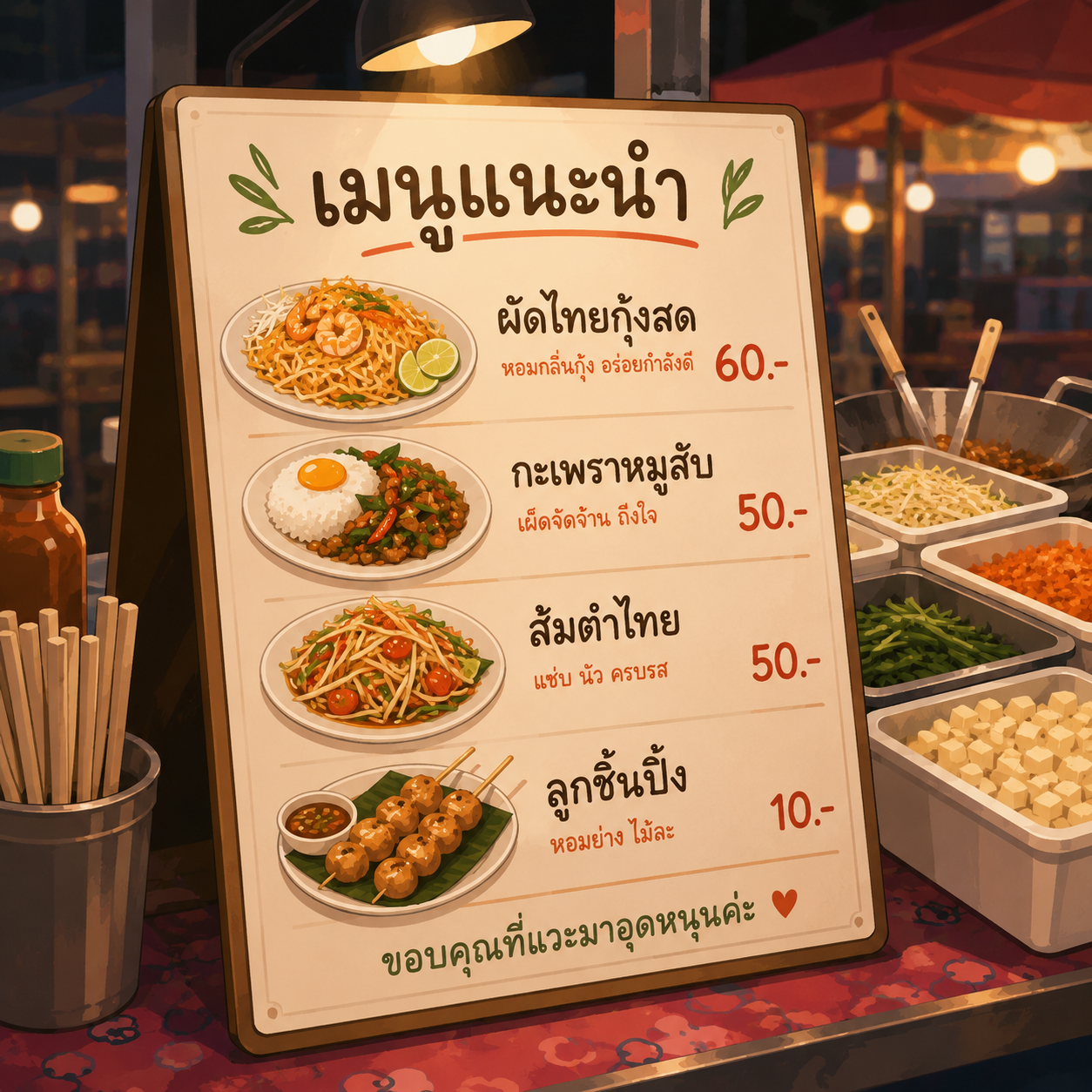 A Thai street-food menu board with dishes written in Thai script