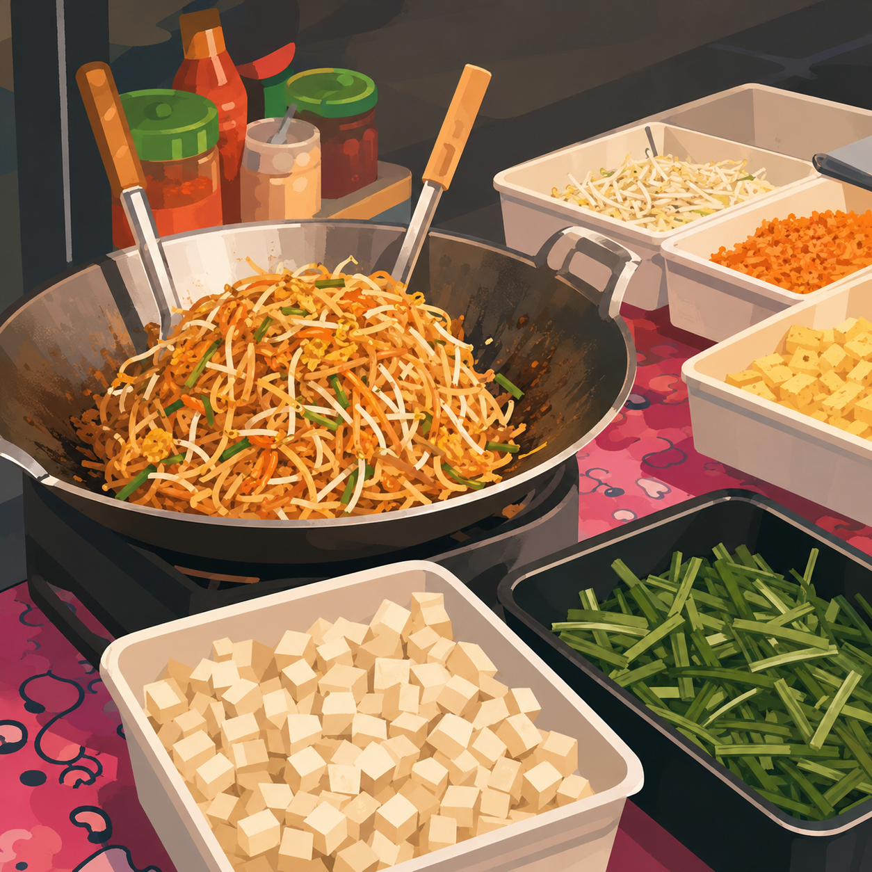 A wok of fresh Pad Thai surrounded by ingredient bowls at a Bangkok night market